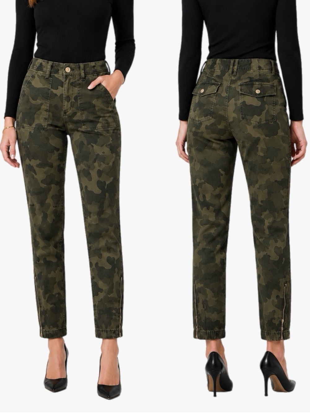 White House Black Market Camo The Slim Ankle Cargo Pants Zip Hem Green Size 10